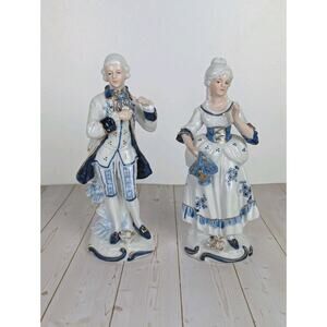 Vintage KPM Style Colonial Couple Figurines Porcelain Blue White Japan Pair